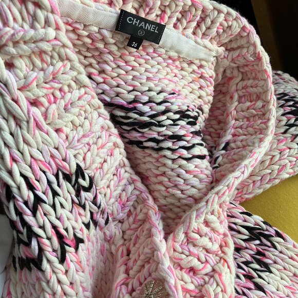 CHANEL Chunky Cable Knit Cotton Cardigan Sweater Jacket Pink Black Size 36 L XL - Picture 14 of 14